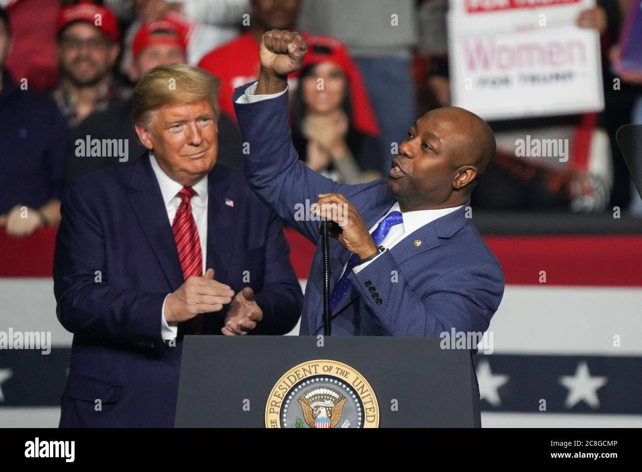 U.S. Senator Tim Scott of South Carolina speaks to the crowd as ...