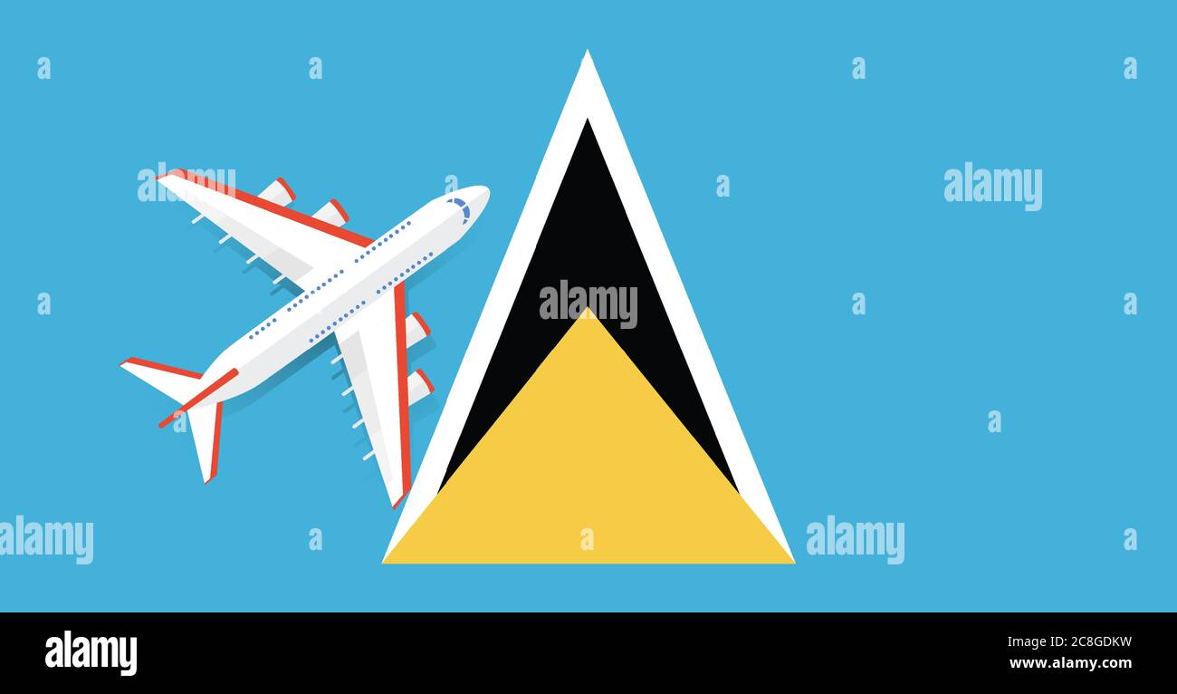 Vector Illustration of a passenger plane flying over the flag of Saint Lucia. Concept of tourism and travel Stock Vector