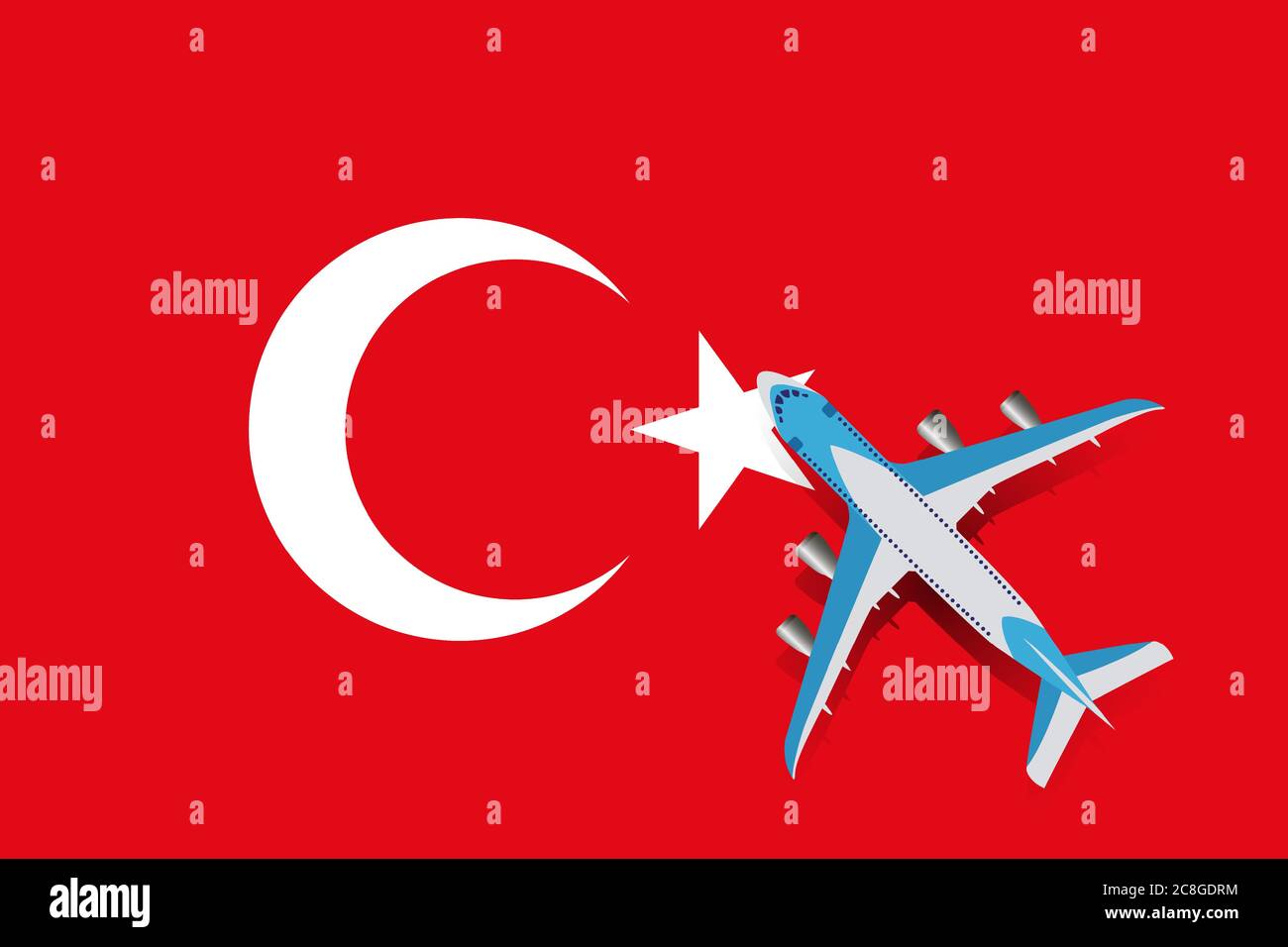 Vector Illustration of a passenger plane flying over the flag of Turkey ...
