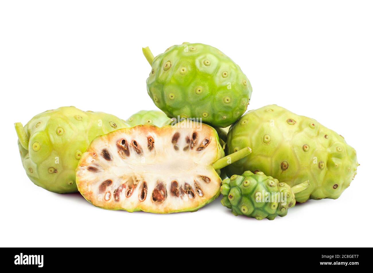 Noni or Morinda Citrifolia fruits with sliced isolated on white background (Rubiaceae Noni, great morinda, indian mulberry, beach mulberry, cheese fru Stock Photo