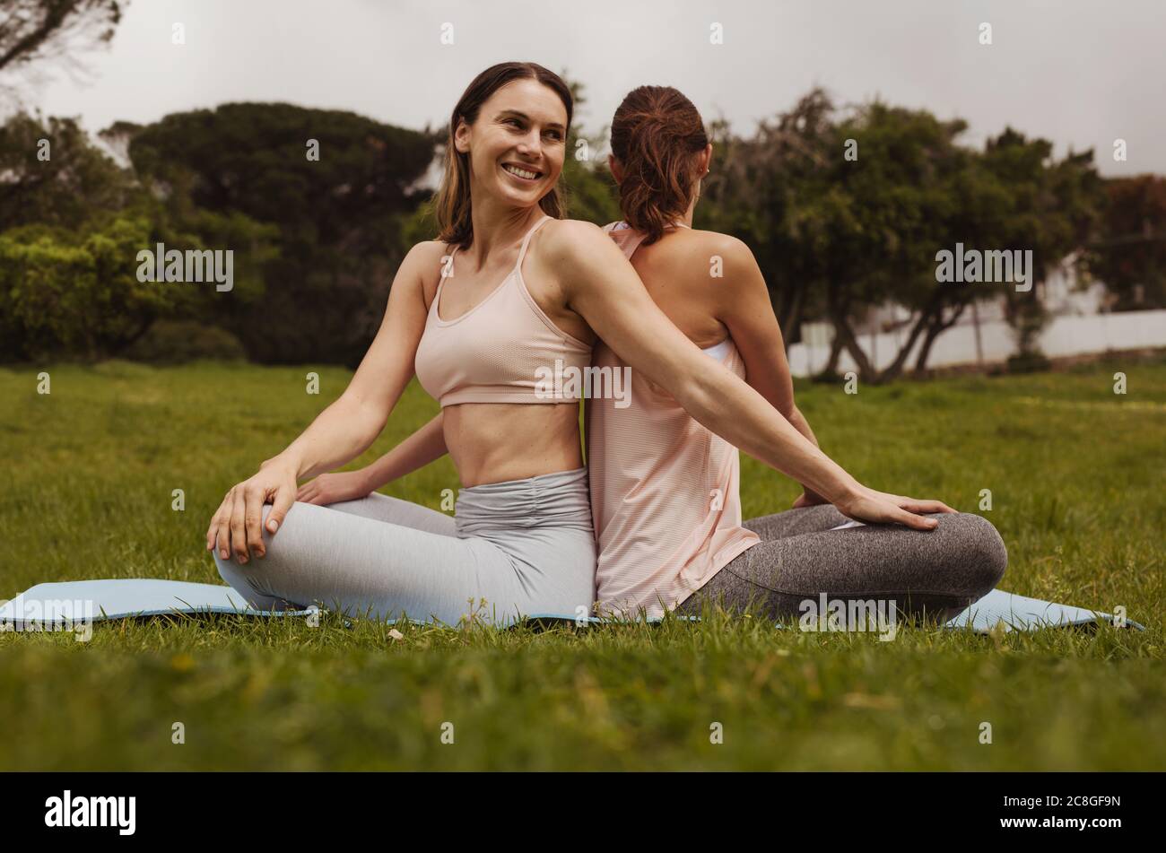 Man and woman duo doing yoga stretching exercises seated twisting their  bodies to face each other with raised hands in a low angle view Stock Photo  - Alamy