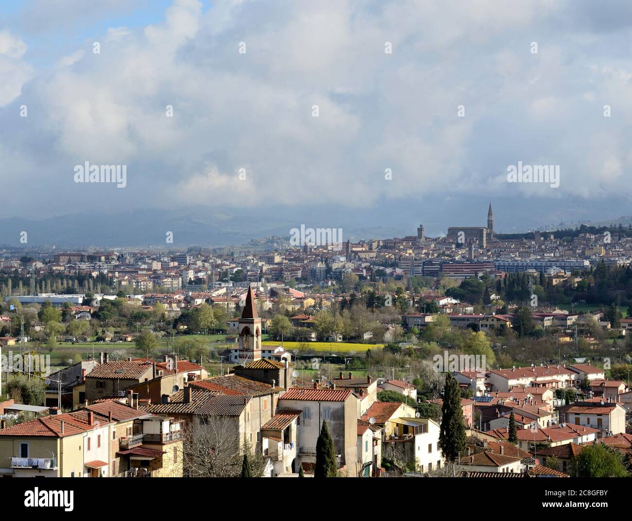 old village in the countryside of Arezzo town on the background, Tuscany, Italy Stock Photo