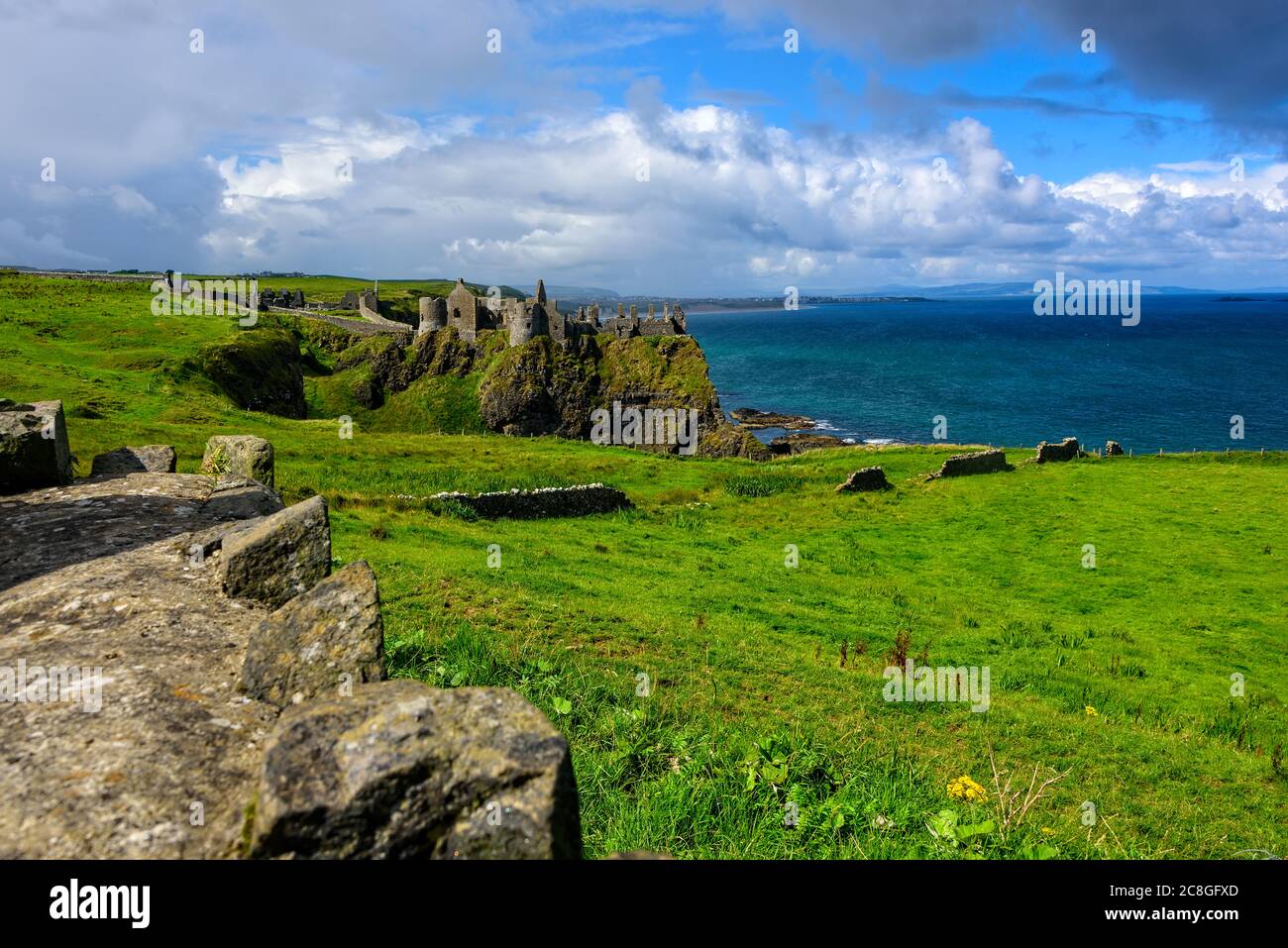The structural remains of the ruined Dunluce Castle in Northern Ireland Stock Photo
