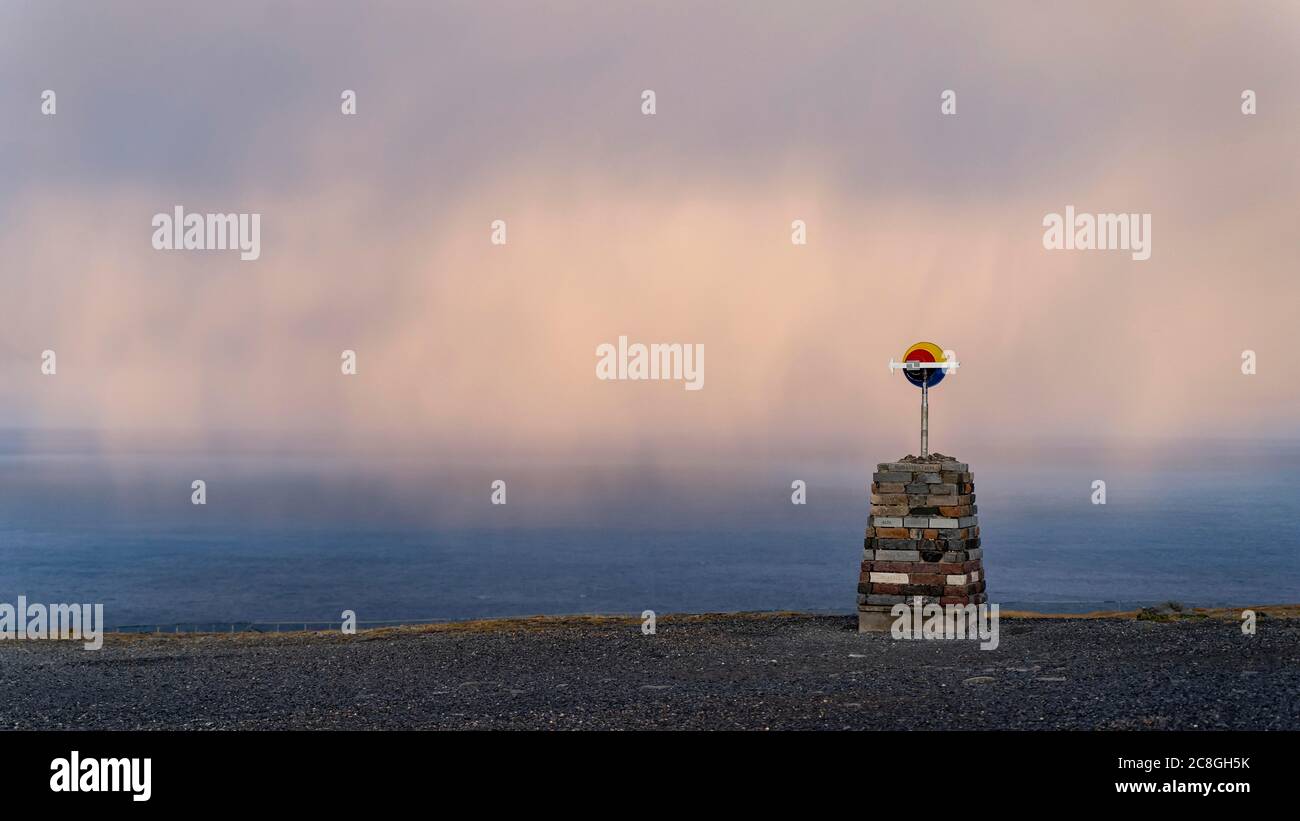 North Cape with directional arrow, Mageroya Island, Finnmark, Norway Stock Photo