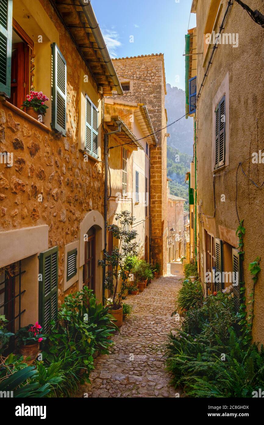 Flowerpots in alley with typical stone houses, Fornalutx, Serra de Tramuntana, Majorca, Balearic Islands, Spain Stock Photo