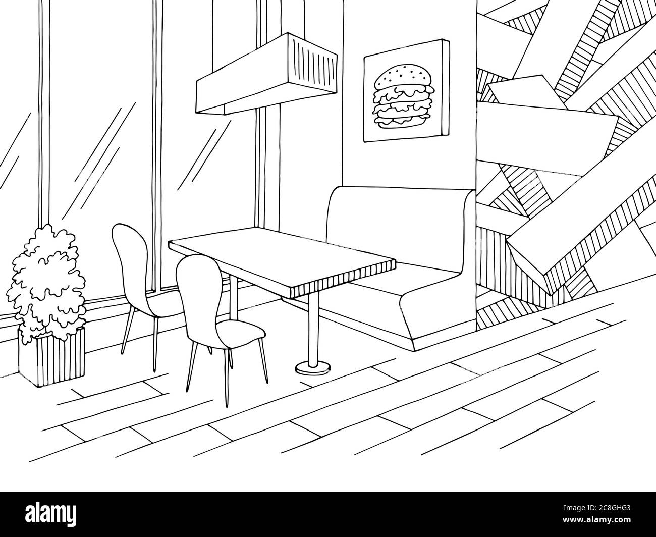 Cafe interior graphic black white sketch illustration vector Stock Vector