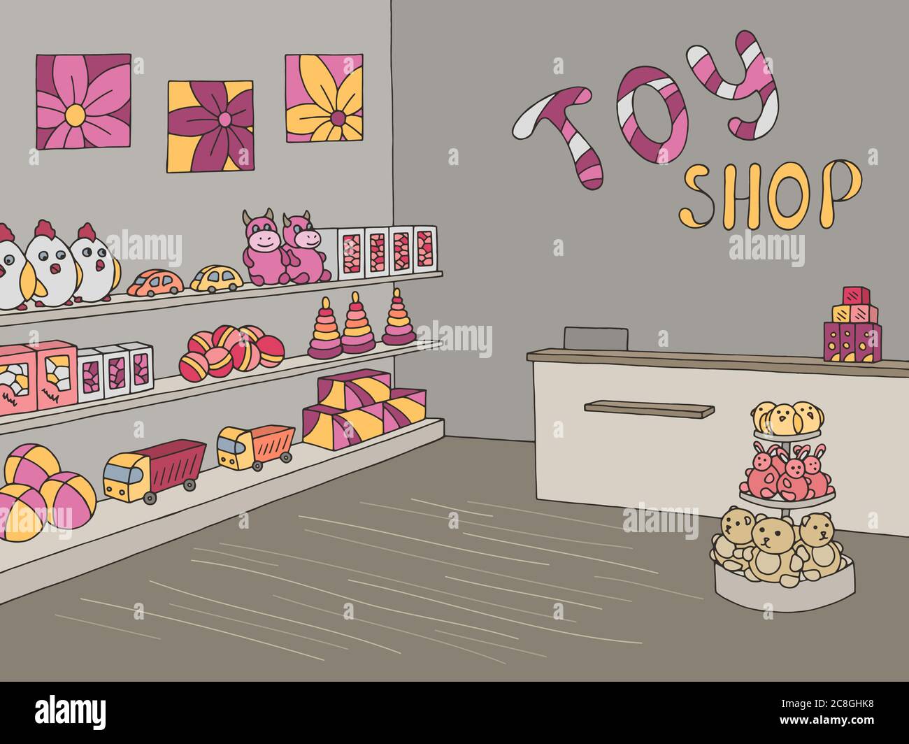 Toy shop graphic color interior sketch illustration vector Stock Vector