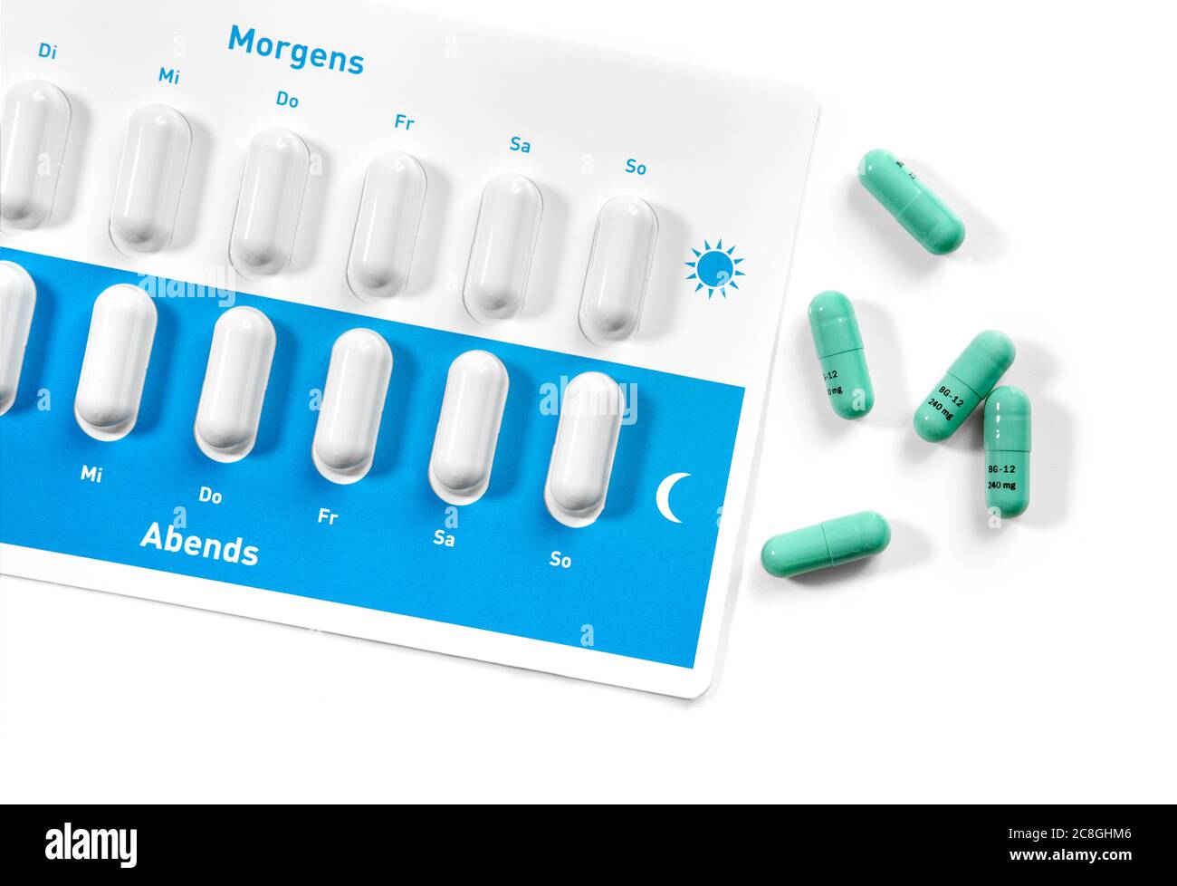 Dimethylfumarate or fumaric acid, trade name Tecfidera, capsules and packaging, drug for the treatment of multiple sclerosis Stock Photo