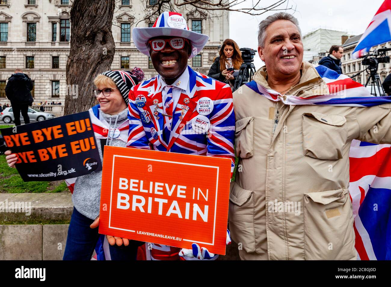 Brexit supporters gather in Parliament Square ahead of Great Britain leaving the European Union later that day at 11pm , London, UK. Stock Photo