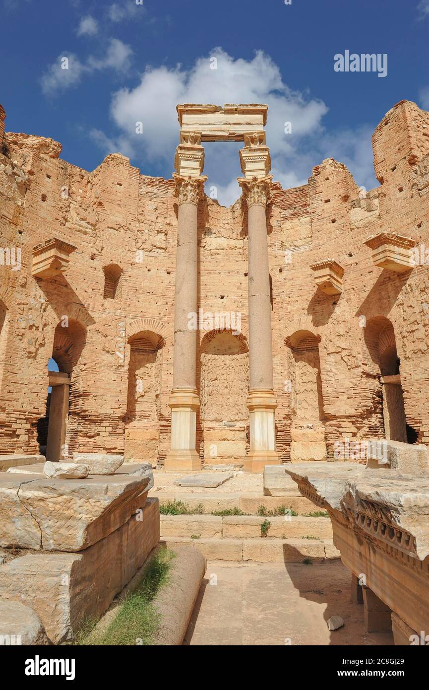 Severan basilica with columns of Egyptian granite, ruined city of Leptis Magna, Libya Stock Photo