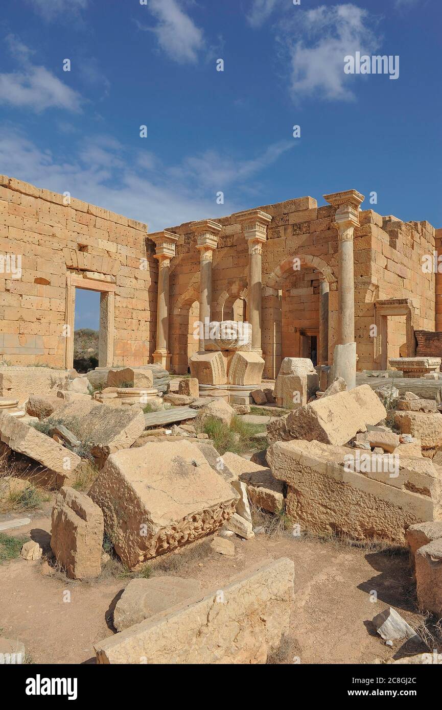 Remains, preserved Medusa head with columns, new forum, ruined city Leptis Magna, Libya Stock Photo
