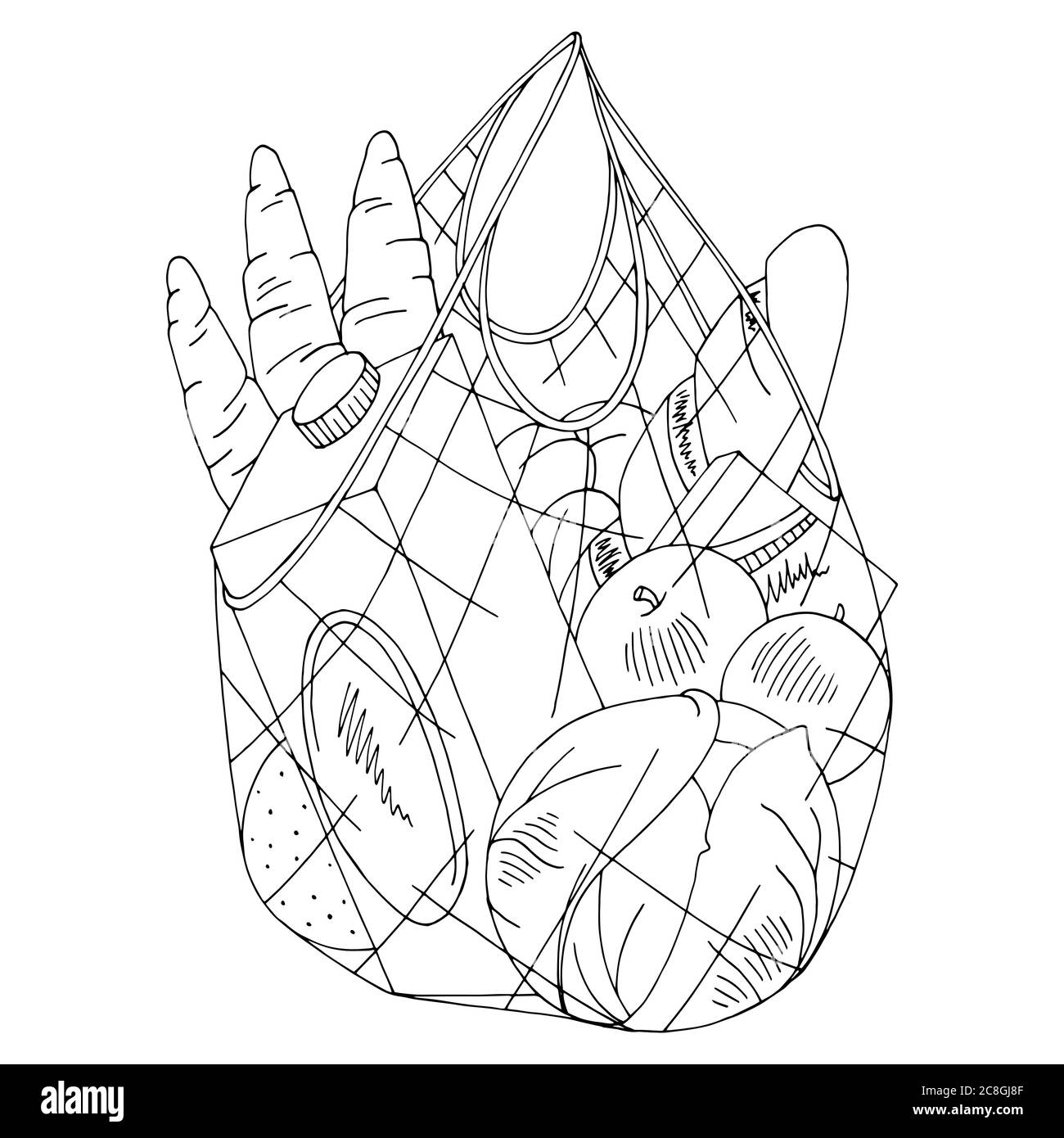 Grocery eco string bag graphic isolated black white sketch illustration vector Stock Vector