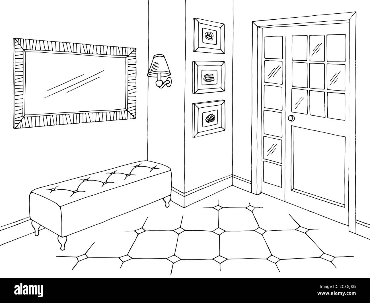 Hallway graphic black white home interior sketch illustration vector