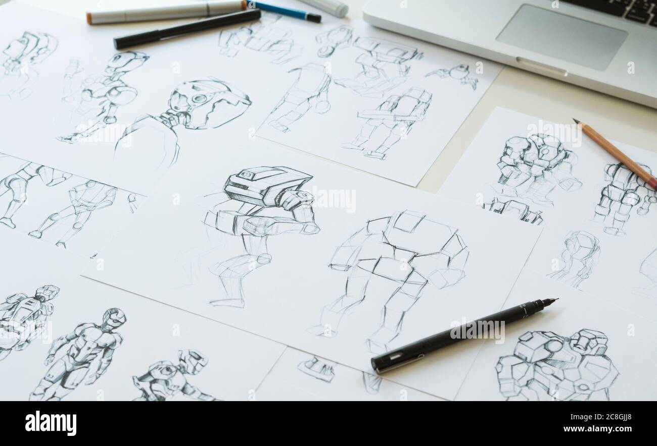 Animator designer Development designing drawing sketching development creating graphic pose characters sci-fi robot Cartoon illustration animation vid Stock Photo