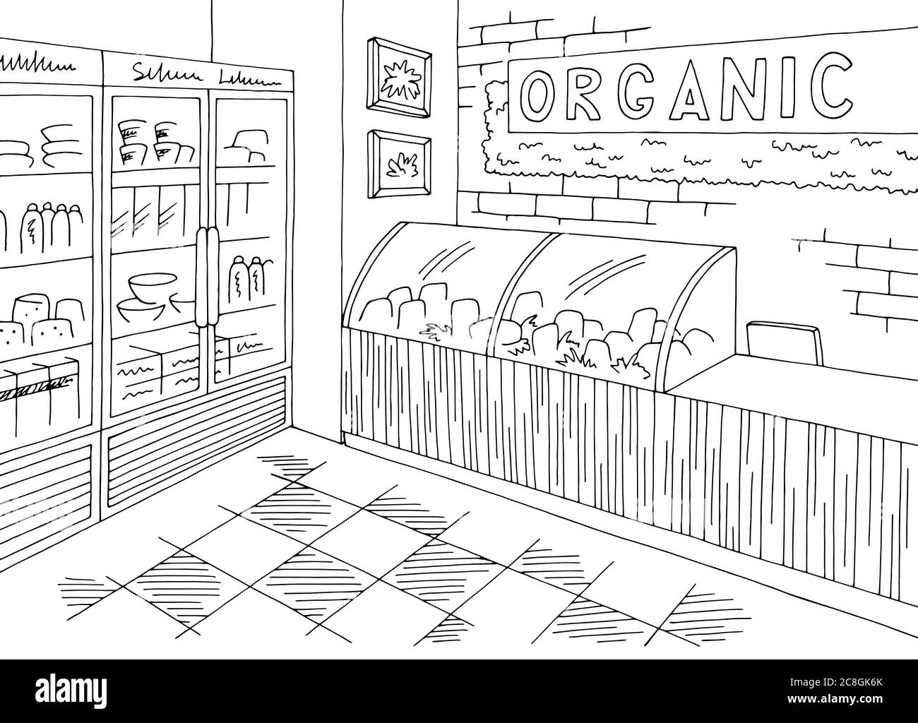Grocery store organic shop interior black white graphic sketch illustration vector Stock Vector