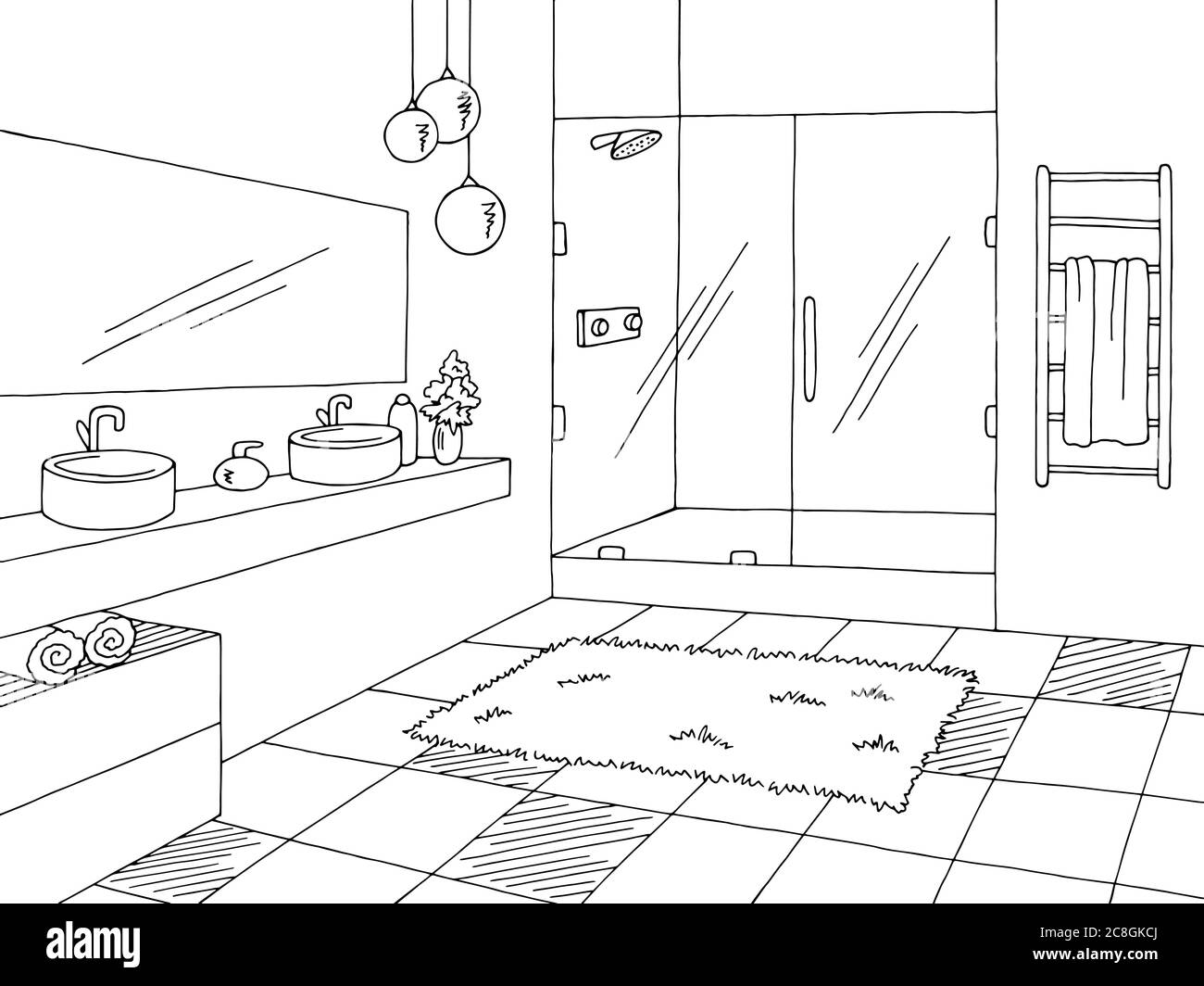 Bathroom graphic home interior black white sketch illustration vector