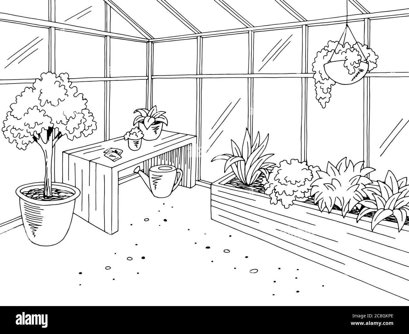 Greenhouse interior graphic black white sketch illustration vector Stock Vector