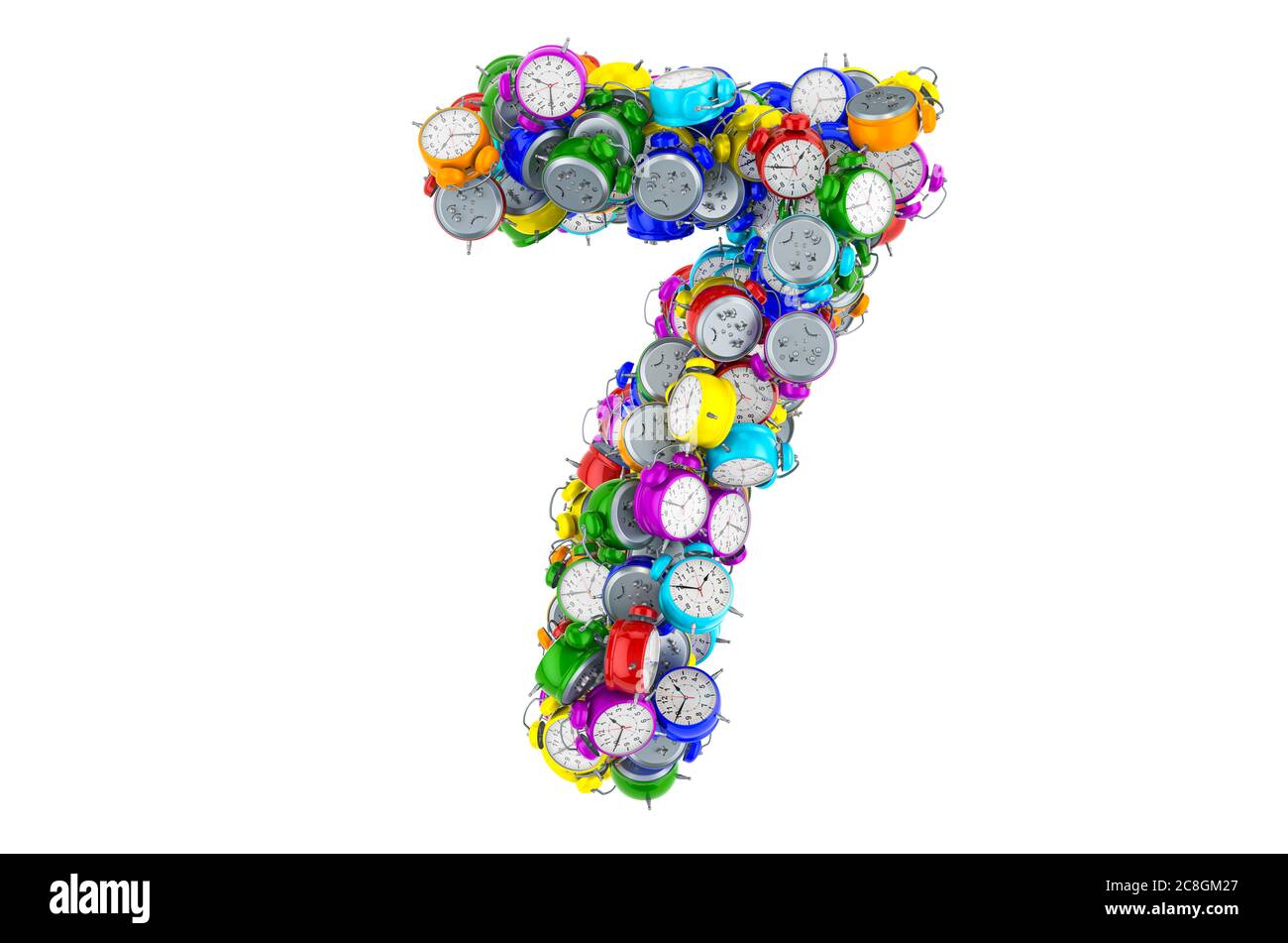 Number 7 from colored alarm clocks, 3D rendering isolated on white ...