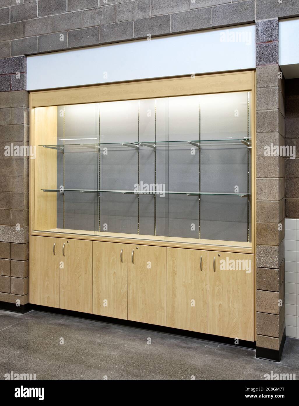 A modern, lighted display cabinet, with tempered glass shelving, for showing trophies from the achievements of school sports teams. Stock Photo