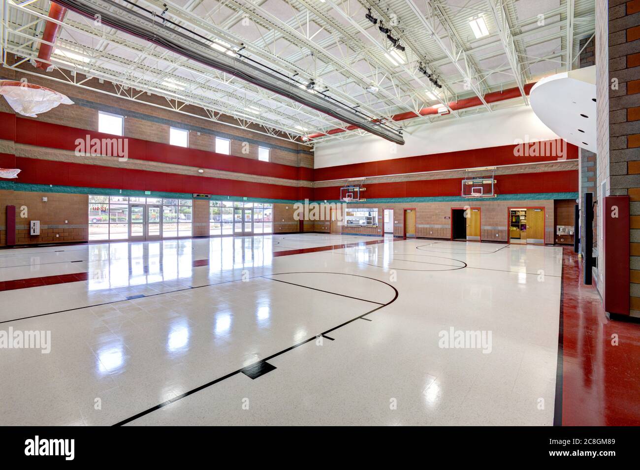 Idaho Falls, Idaho, USA Aug. 19, 2014 The multipurpose room in a miodern elementary school, which functions as a gym, lunchroom, meeting room, and the Stock Photo