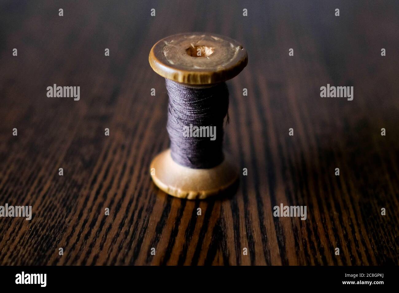 Wooden spool of thread. Purple thin thread. Dark background. Stock Photo