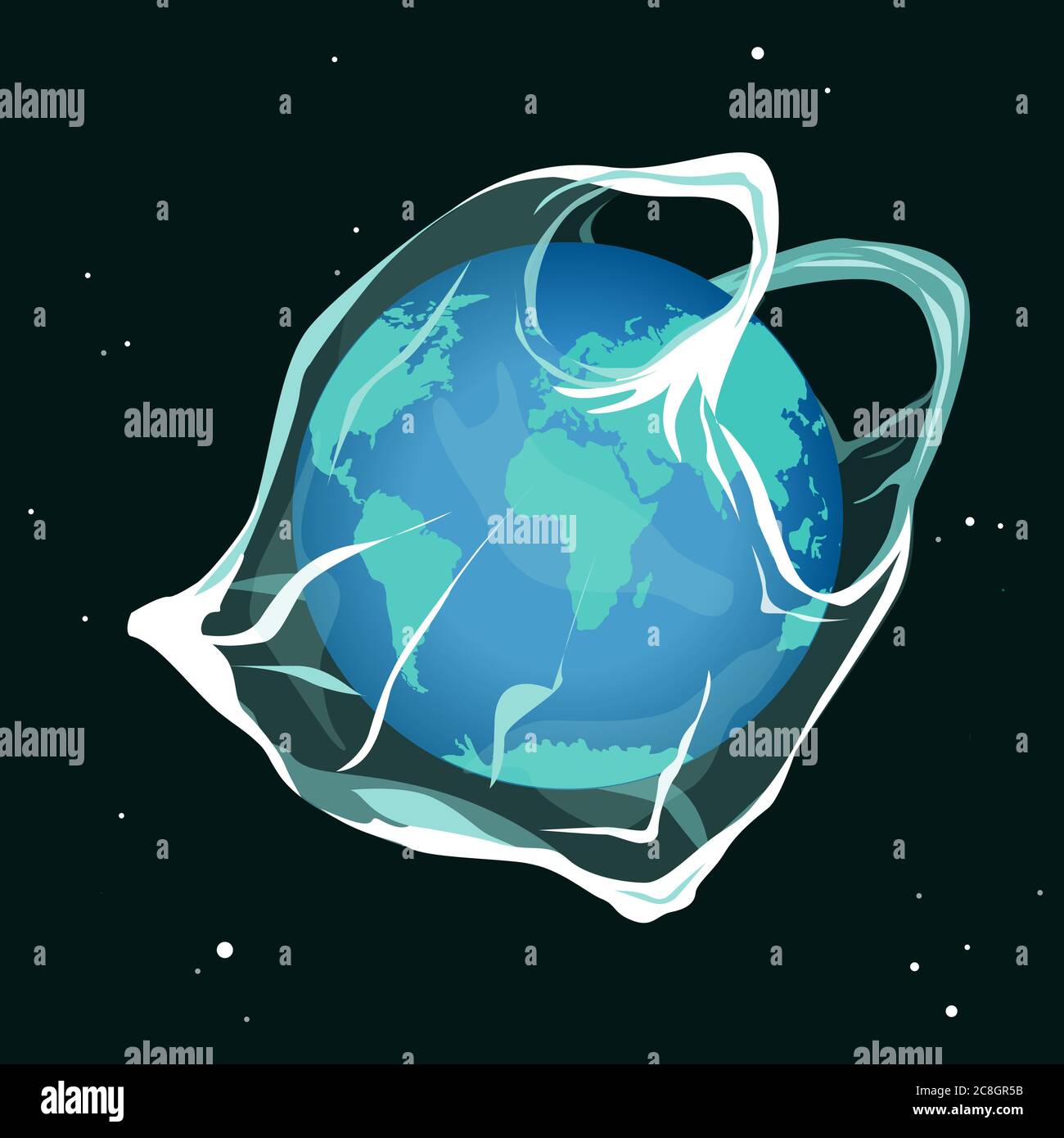 Earth planet catching into the plastic bag. Say no to plastic bags sad earth cartoon concept. Environment pollution Vector illustration Stock Vector