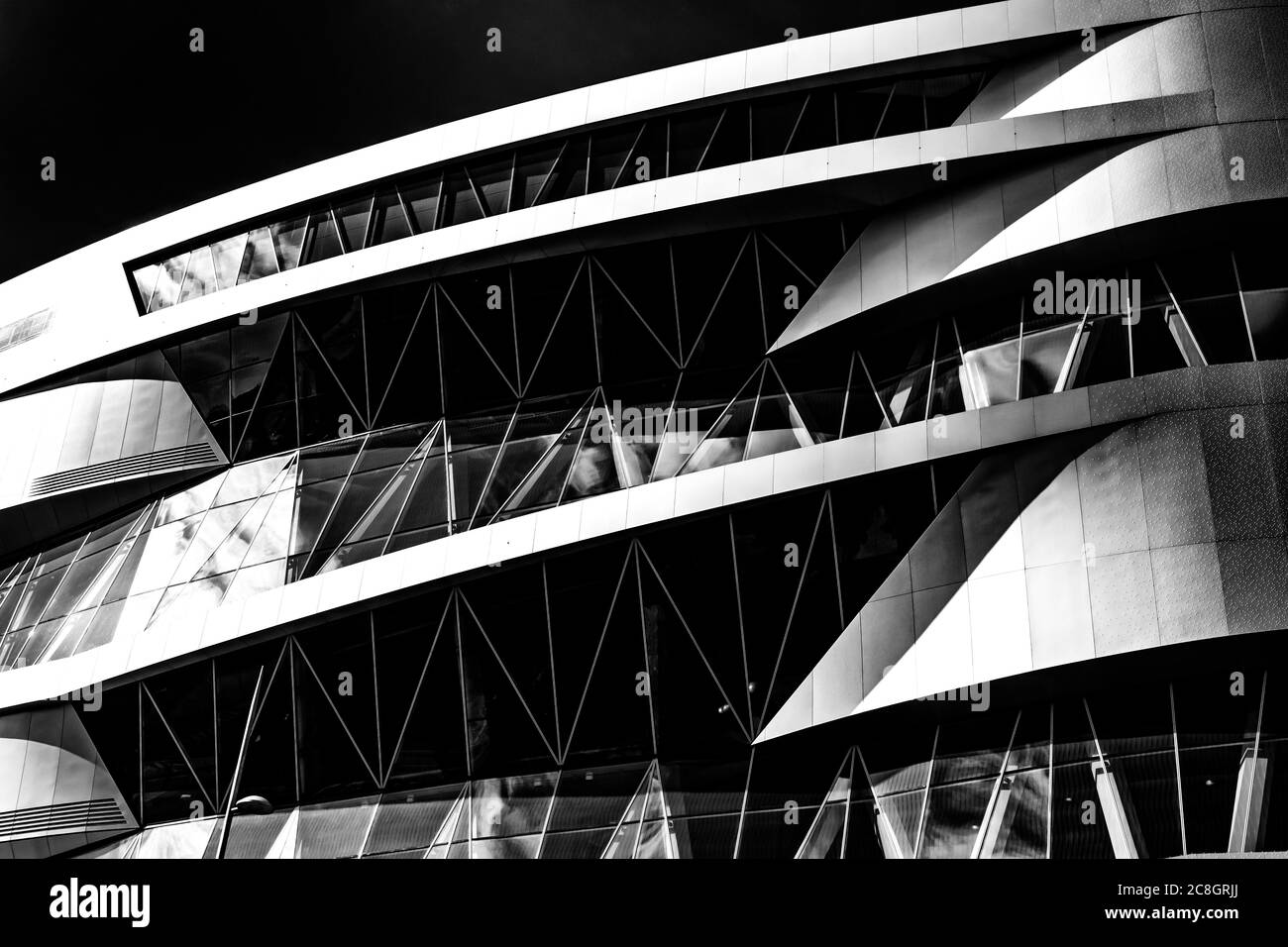 Stuttgart, BW / Germany - 21 July 2020: black and white detail view of the Mercedes-Benz Museum in Stuttgart Stock Photo