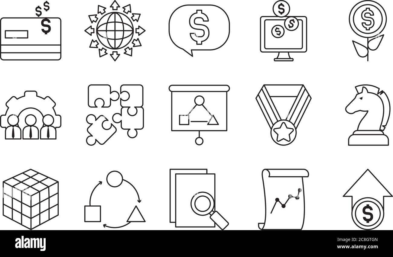 icon set of money and strategy over white background, line style ...