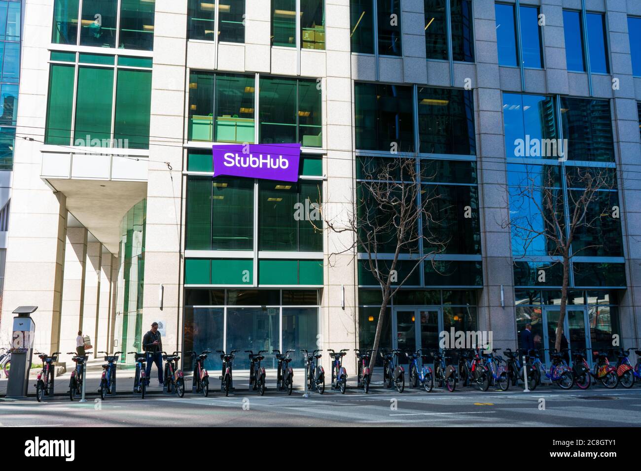 Bicycle station of Lyft electric assist Bay Wheels bikes in front of