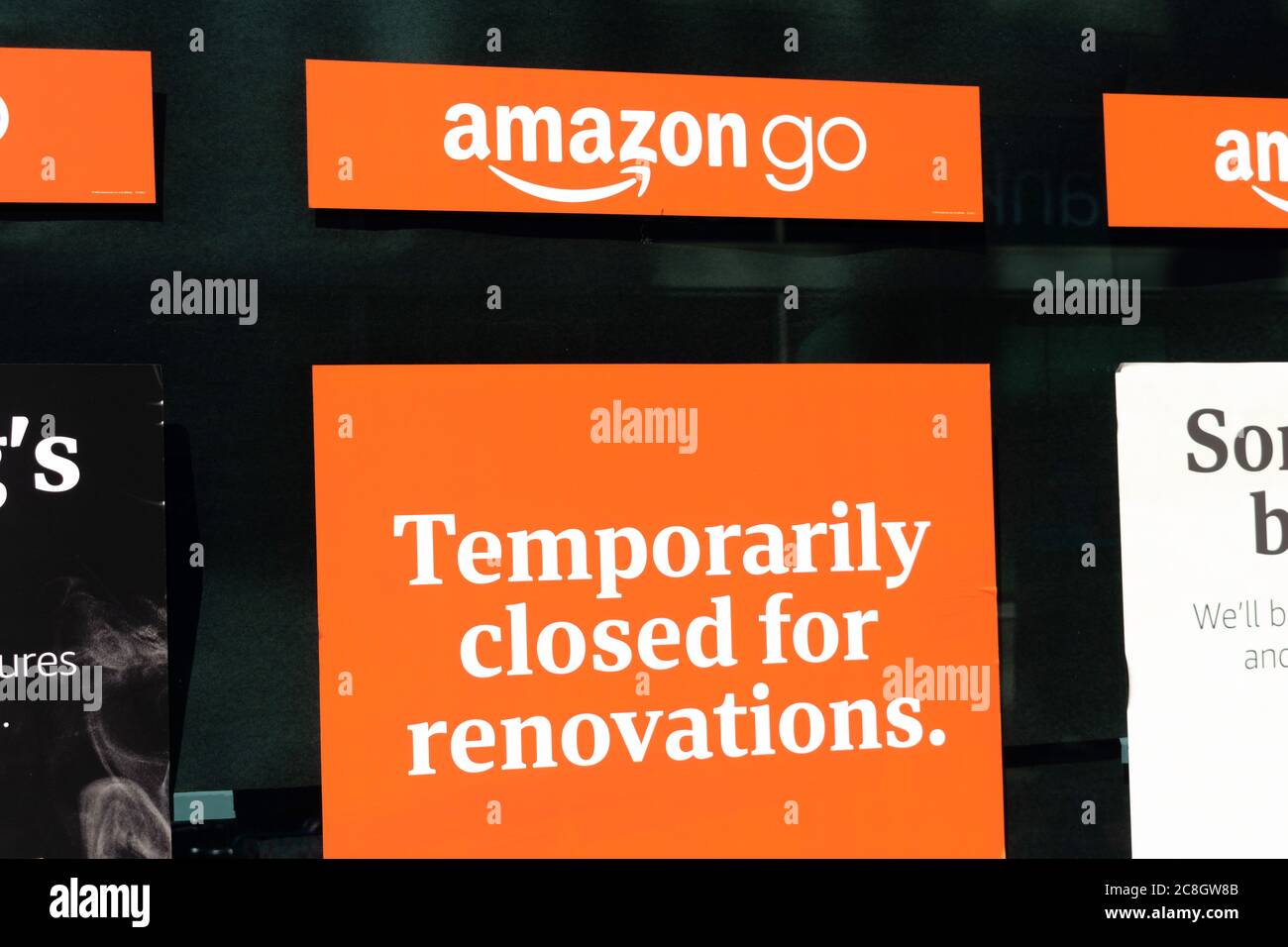 Amazon Go sign and location advertisement on cashless convenience store