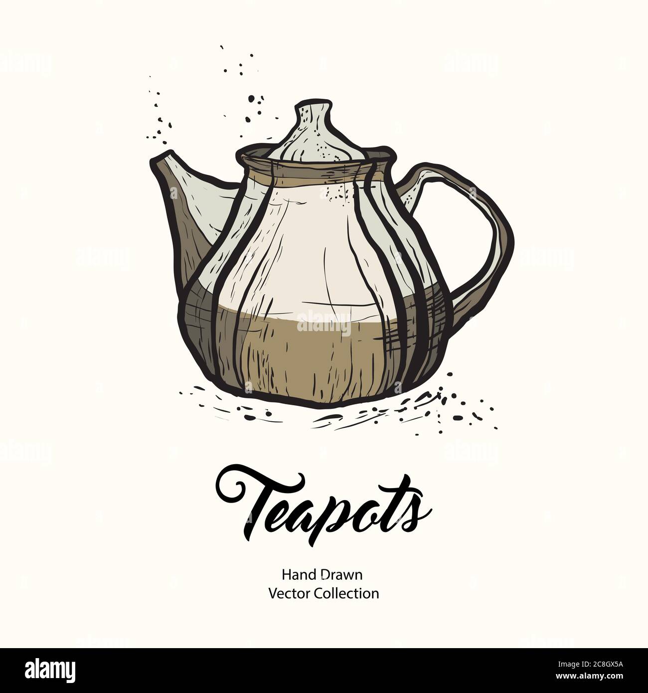 Teapot hand drawn ink vector illustration old style. Isolated line clay brown kettle, illustration logo, cafe menu Stock Vector