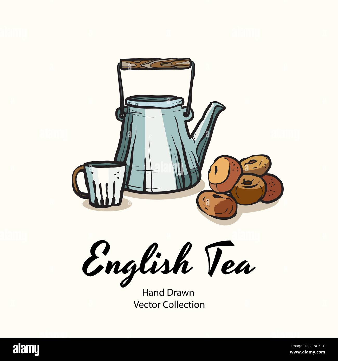 Blue teapot, cup and donuts hand drawn vector illustration in old style