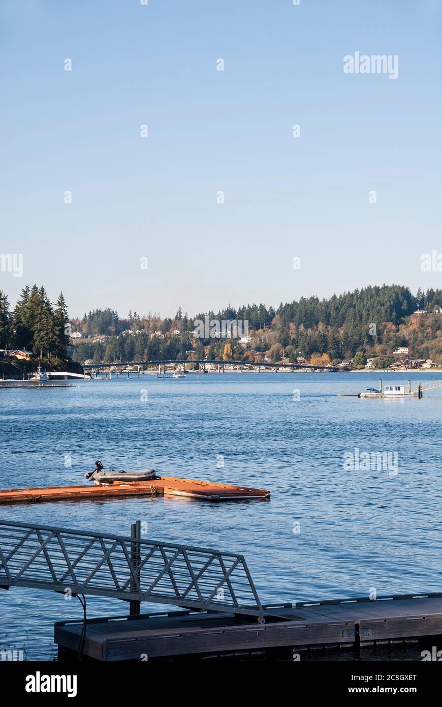 View from shore in Gig Harbor, Washington, showing floating docks Stock