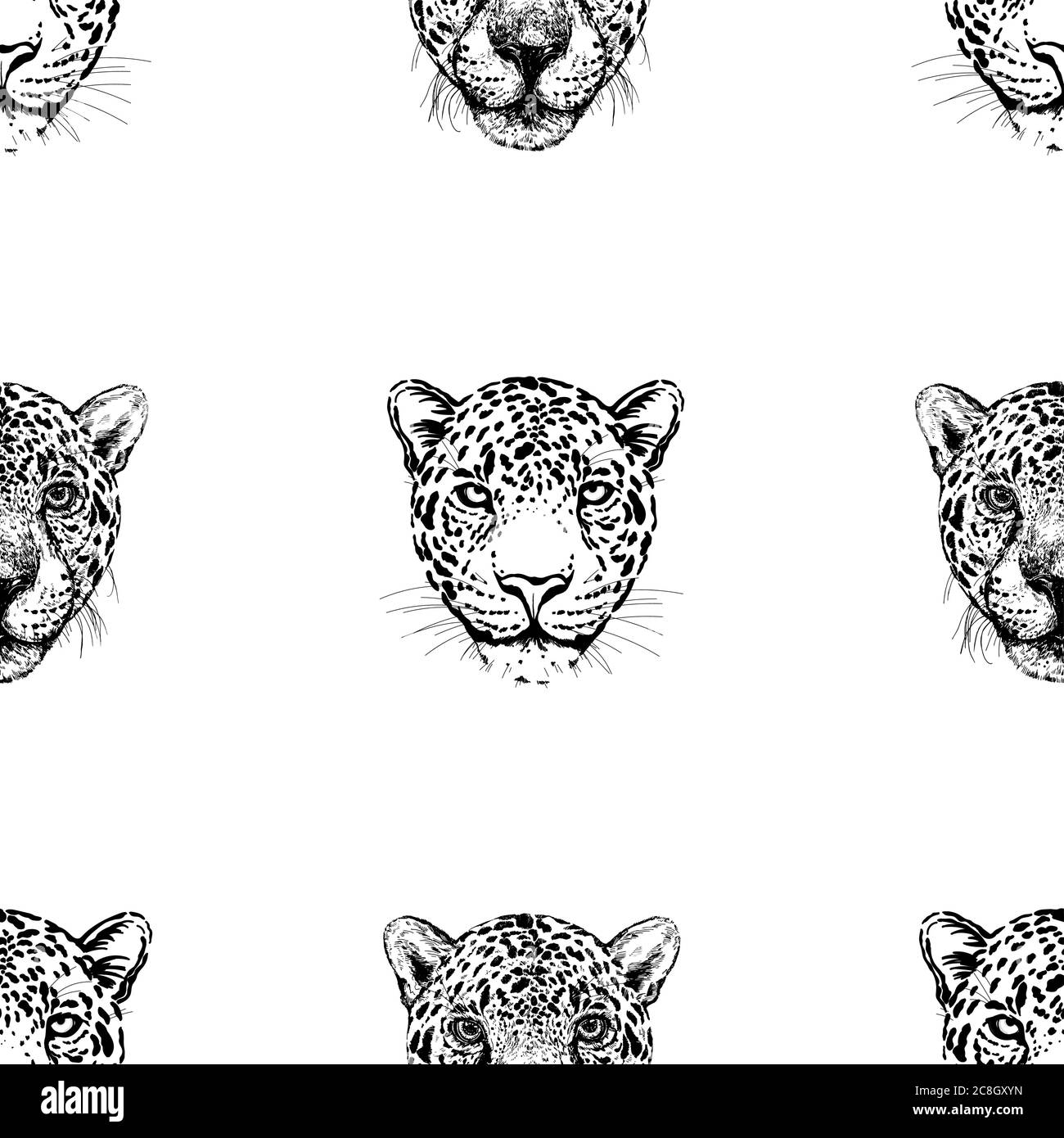 Seamless pattern of hand drawn sketch style portraits of leopards