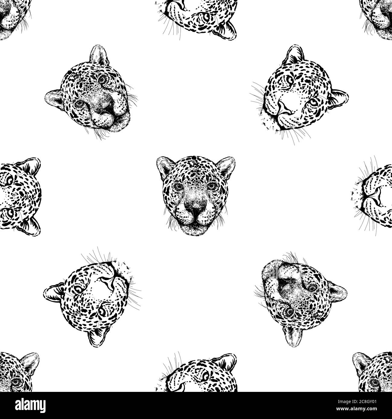 Seamless pattern of hand drawn sketch style portraits of leopards ...