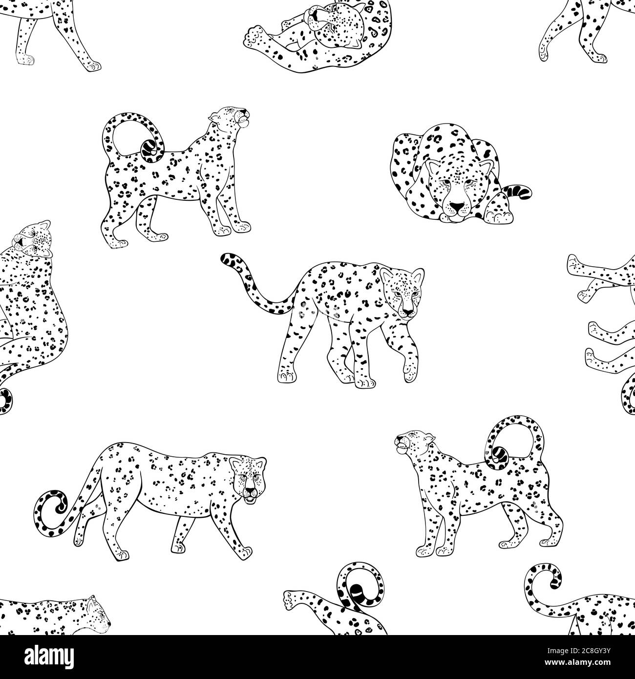Seamless pattern of hand drawn sketch style leopards isolated on white ...