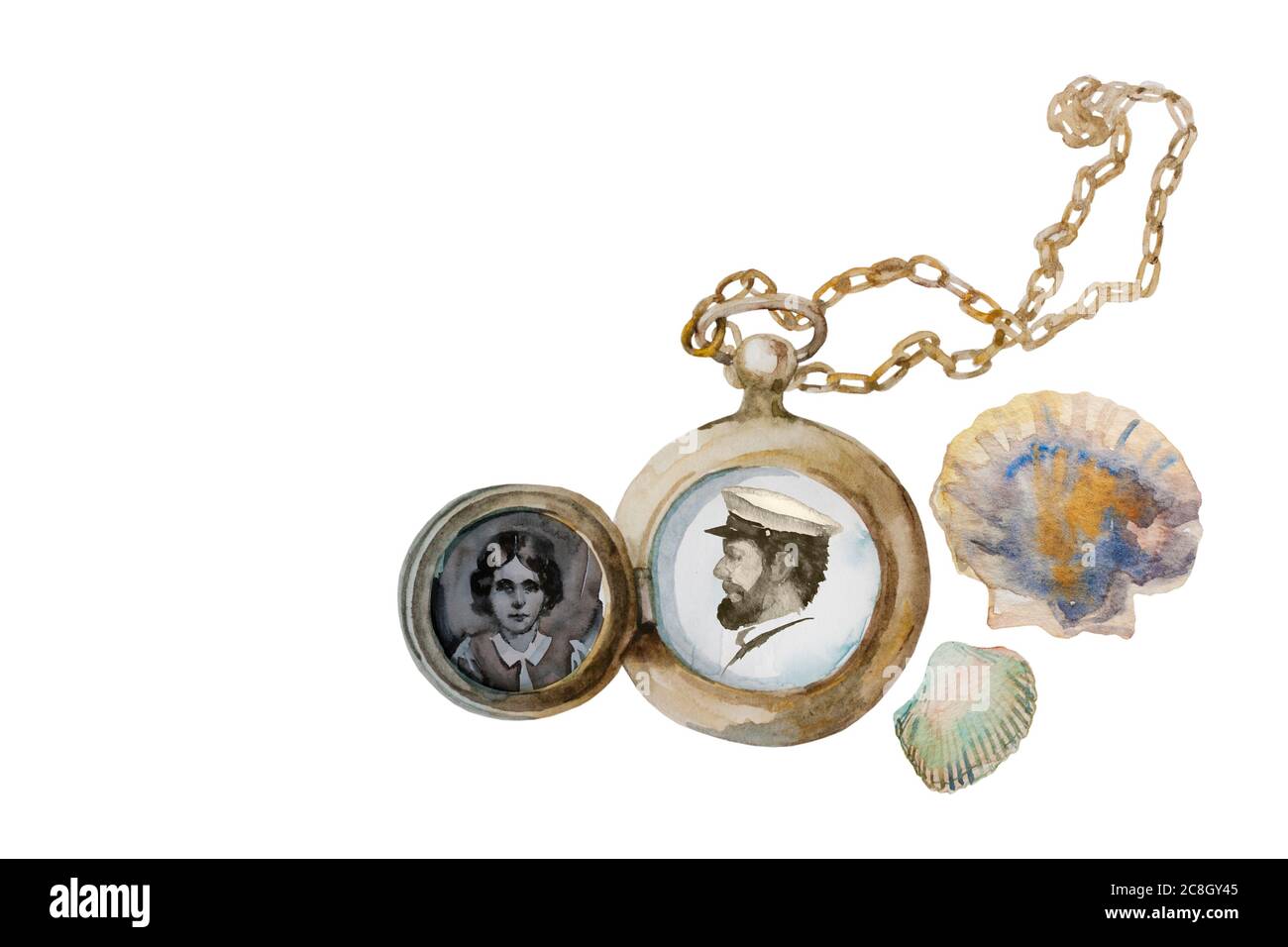 Retro watercolor double side opened locket with portraits of couple in style of end XIX century. Romantic concept of love memories. Brass medallion Stock Photo