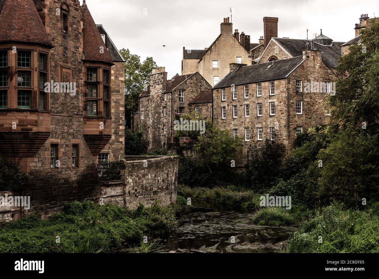 Beautiful old and traditional buildings in an ancient part of Edinburgh called 'Dean Village'. Stock Photo