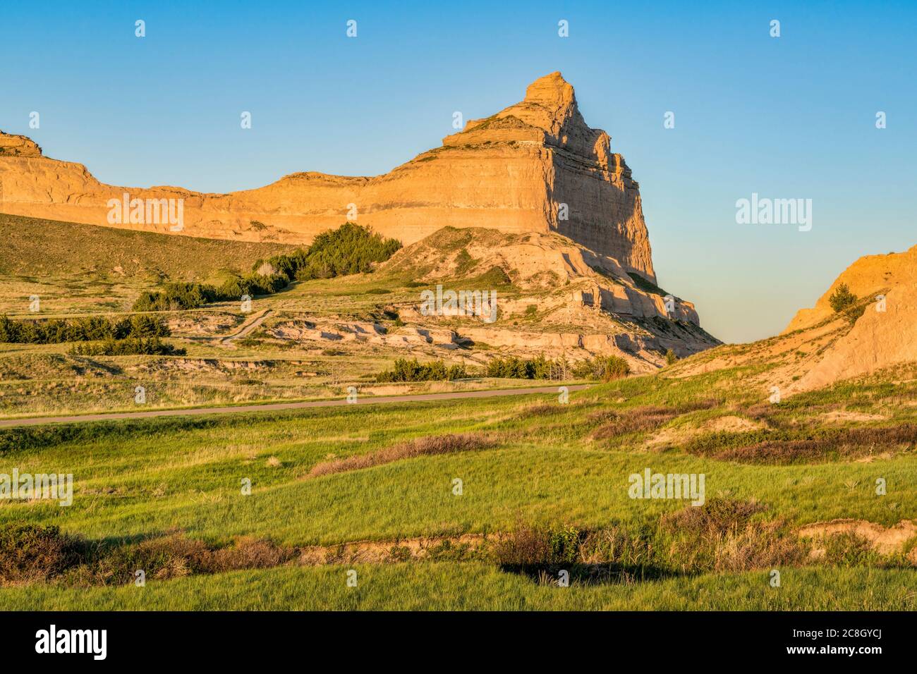 Scotts Bluff National Monument in Nebraska, spring scenery in sunset