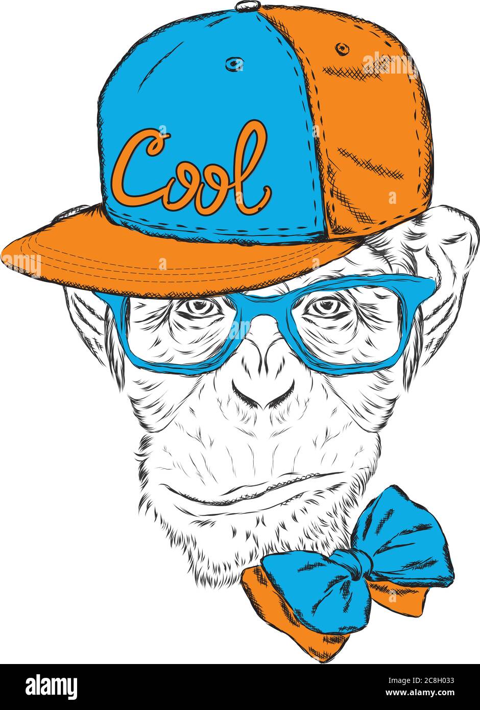 Monkey wearing a cap and sunglasses.  Vector illustration for greeting card, poster, or print on clothes. Stock Vector