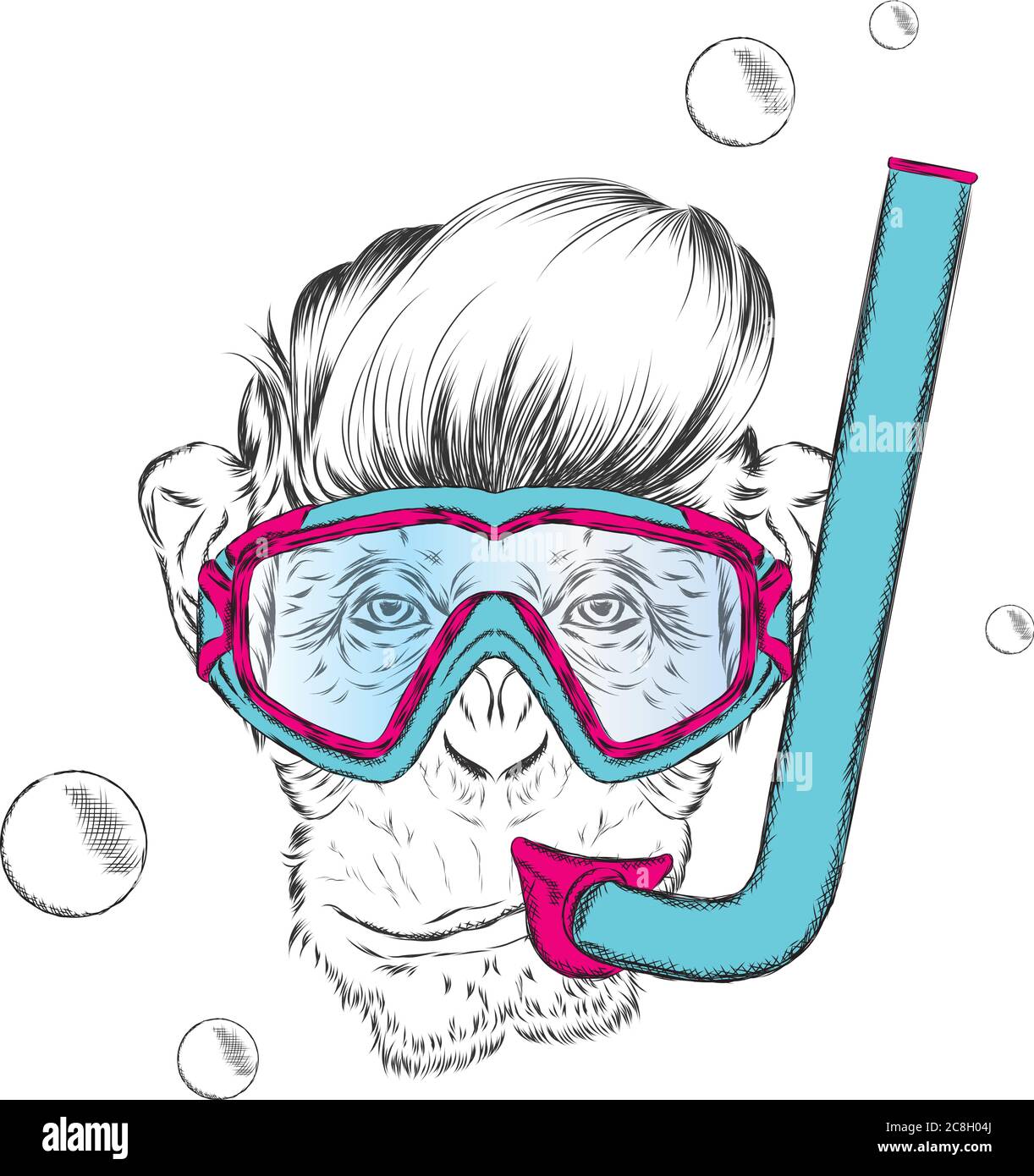 Monkey wearing a mask for diving.  Swimmer. Stock Vector