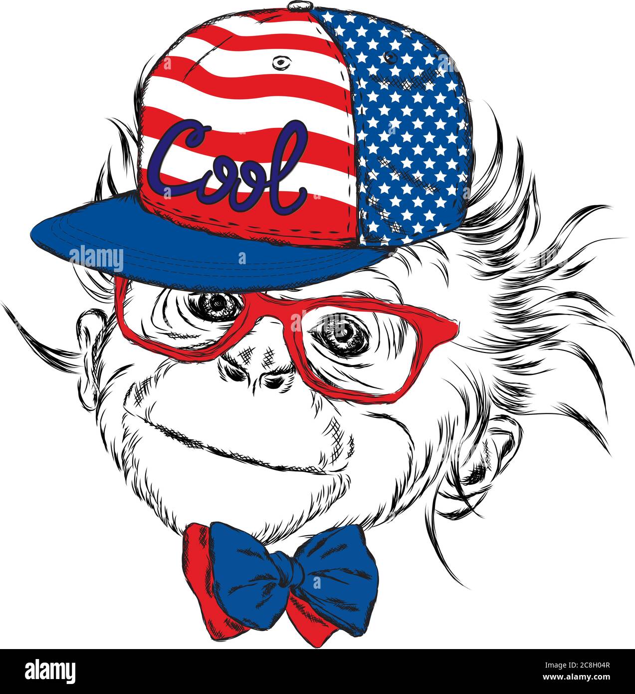Monkey wearing a cap and sunglasses.  Vector illustration for greeting card, poster, or print on clothes. Stock Vector