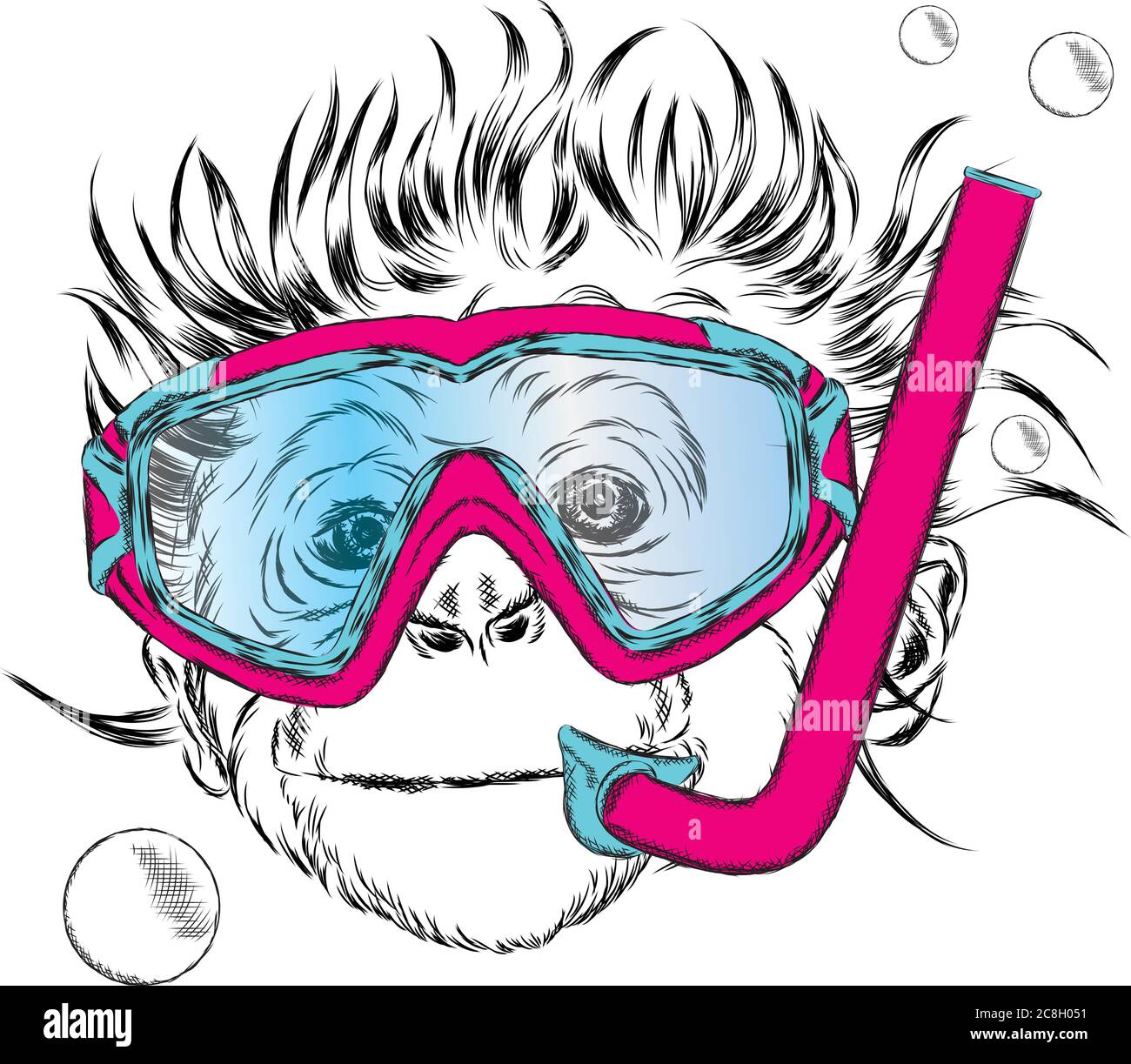 Monkey wearing a mask for diving.  Swimmer. Stock Vector