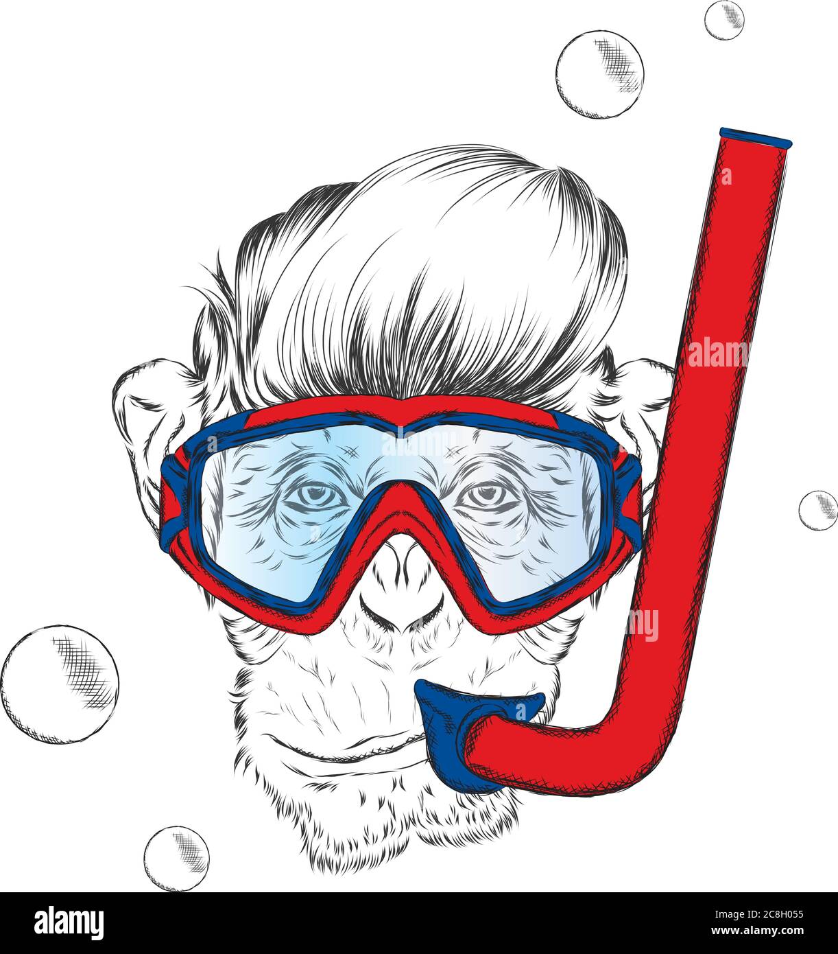 Monkey wearing a mask for diving.  Swimmer. Stock Vector