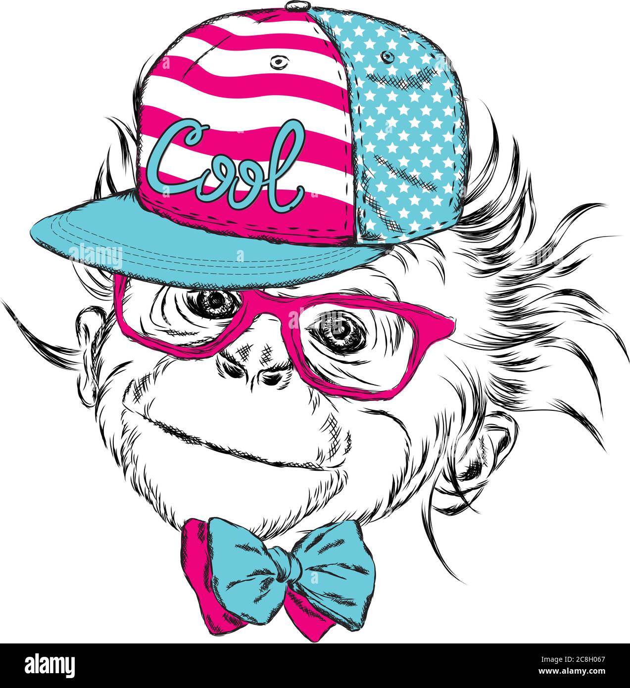 Monkey wearing a cap and sunglasses. Vector illustration for greeting ...