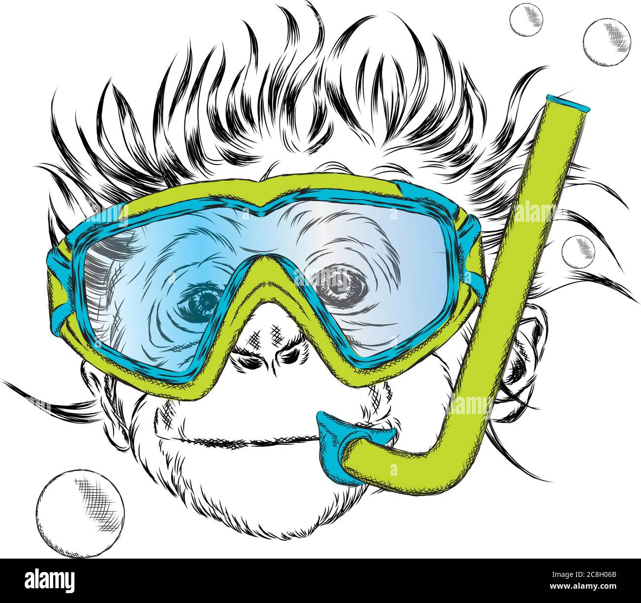 Monkey wearing a mask for diving.  Swimmer. Stock Vector