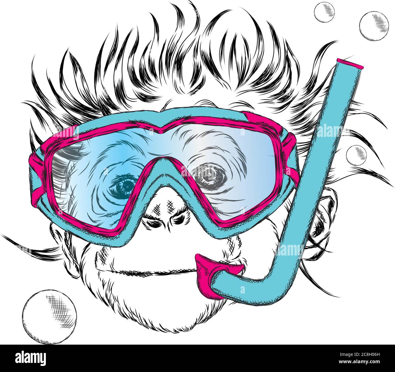 Monkey wearing a mask for diving.  Swimmer. Stock Vector