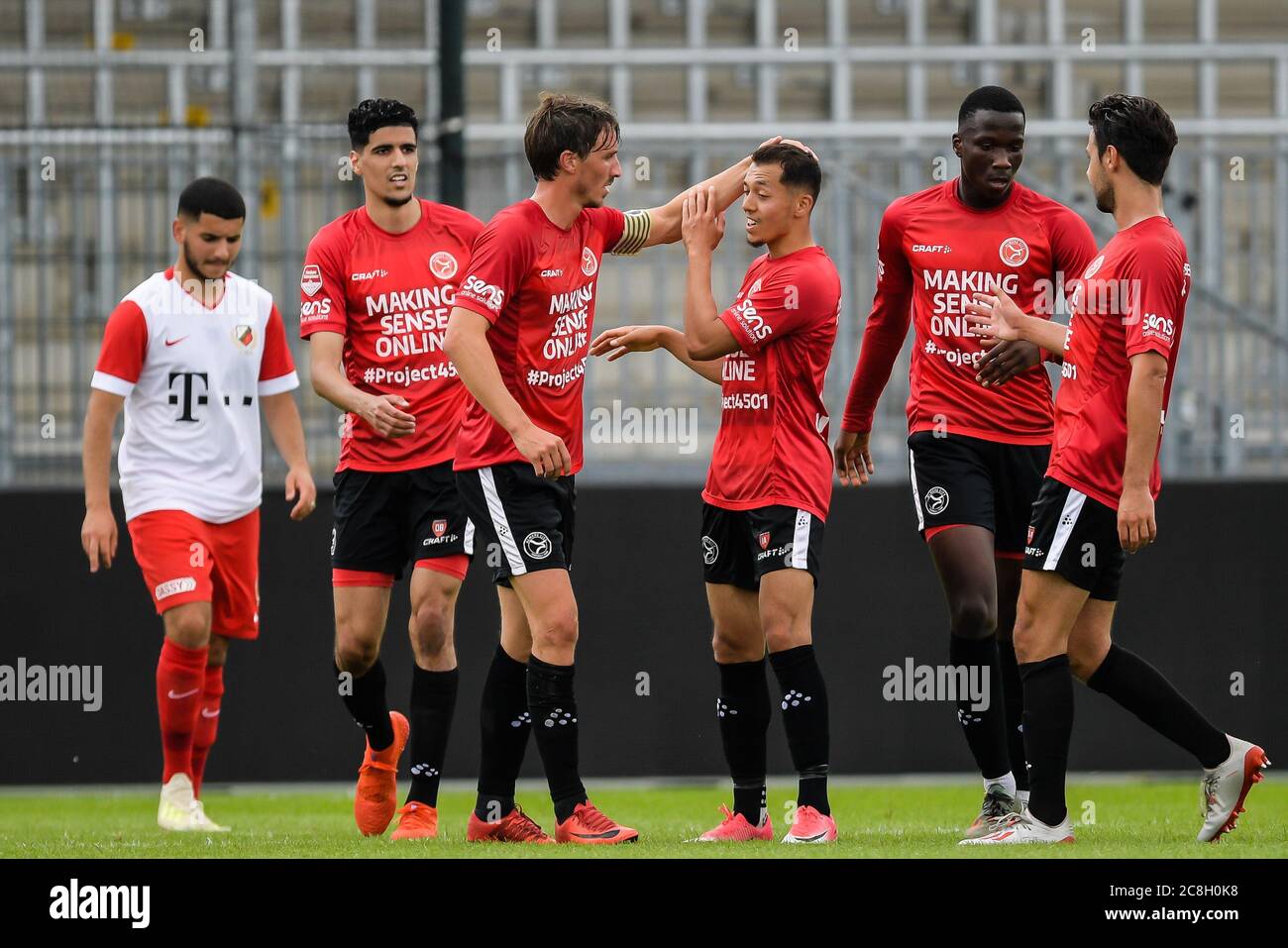 ALMERE, NETHERLANDS - JULY 24: Almere City FC celebrate the goal of Illias  Alhaft (3r) of Almere City FC seen during the pre season match Almere City  FC v Jong FC Utrecht