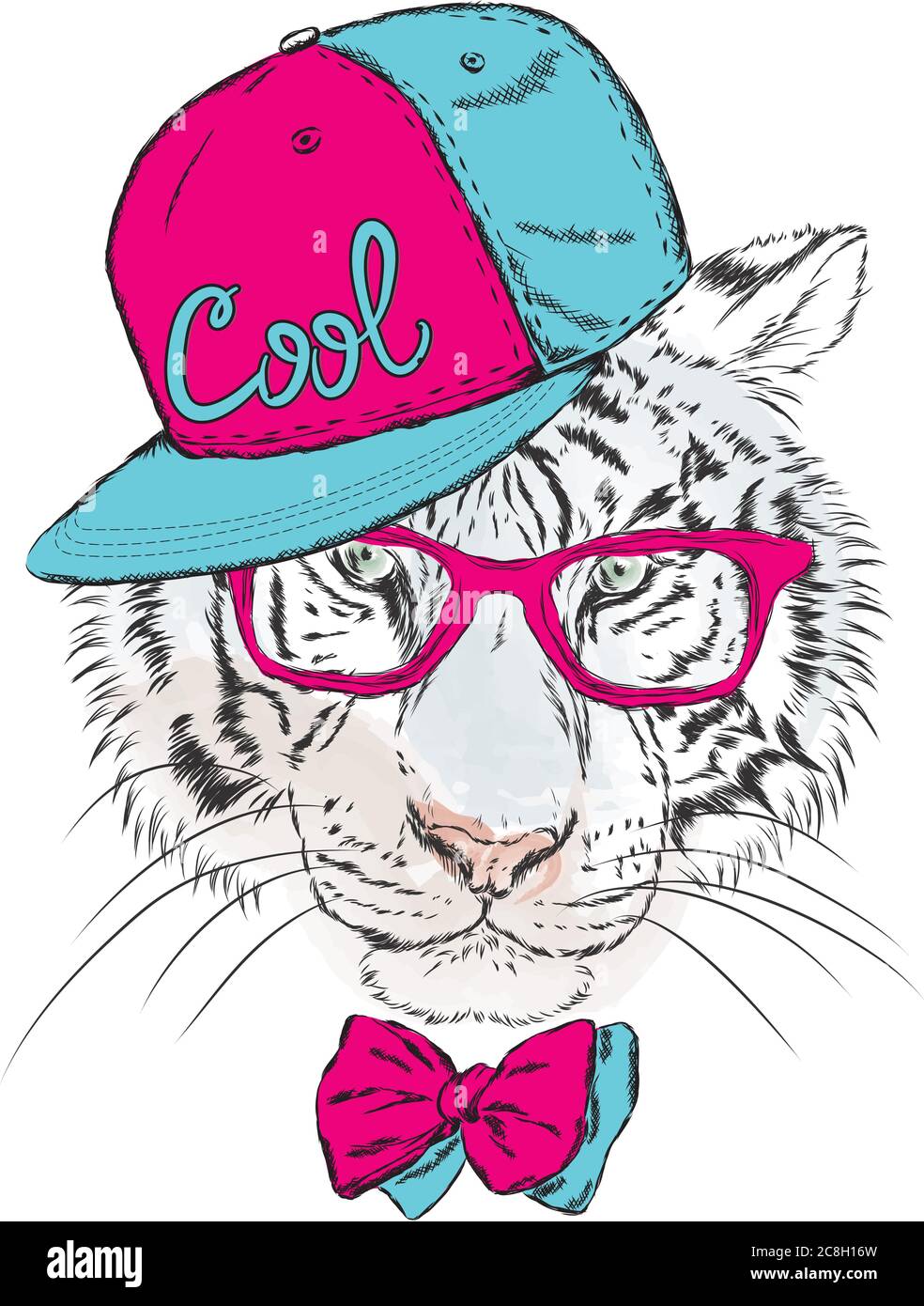 Vector tiger wearing glasses and a cap. Hipster. Vector illustration for greeting card, poster, or print on clothes. Stock Vector