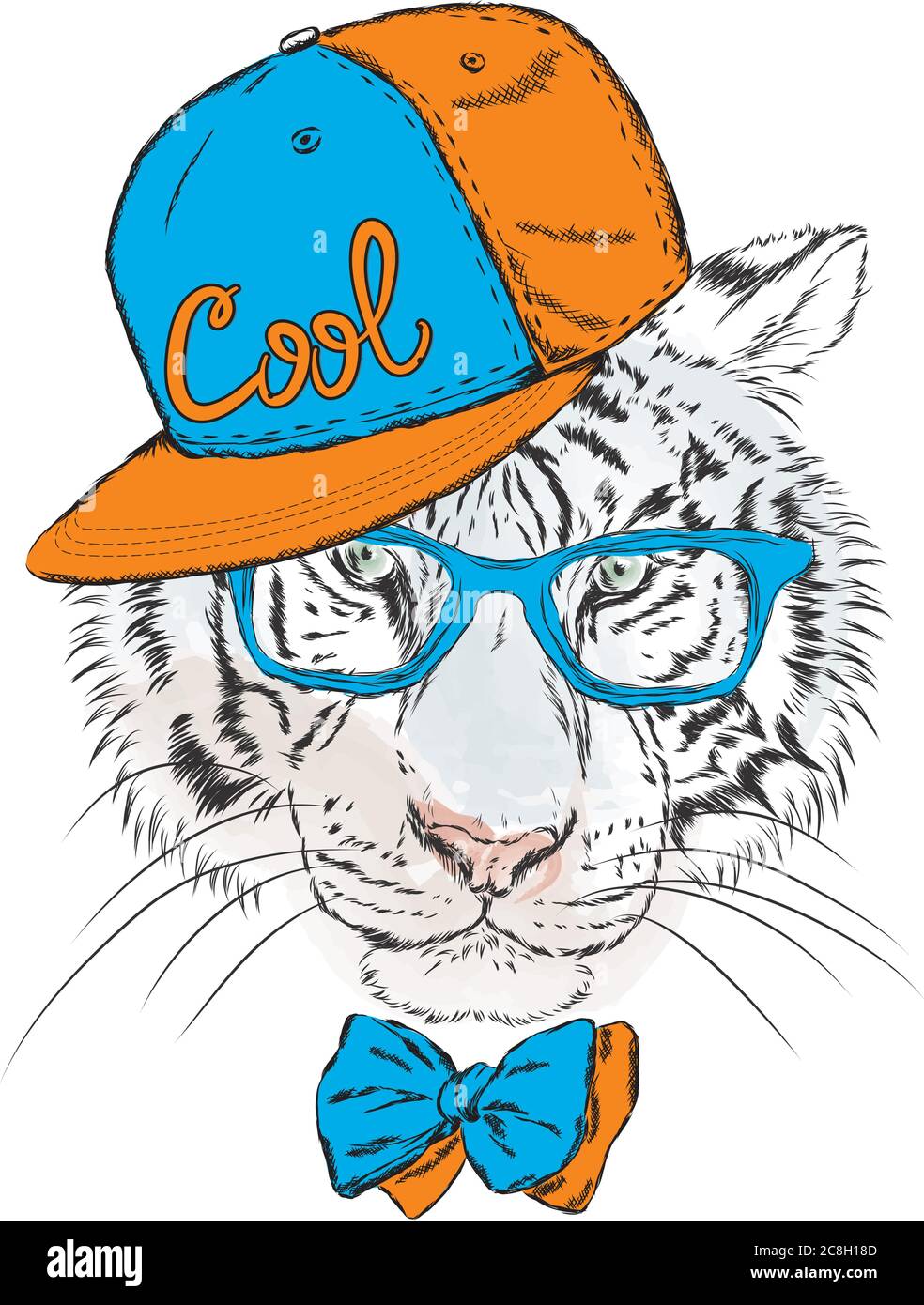 Vector tiger wearing glasses and a cap. Hipster. Vector illustration for greeting card, poster, or print on clothes. Stock Vector